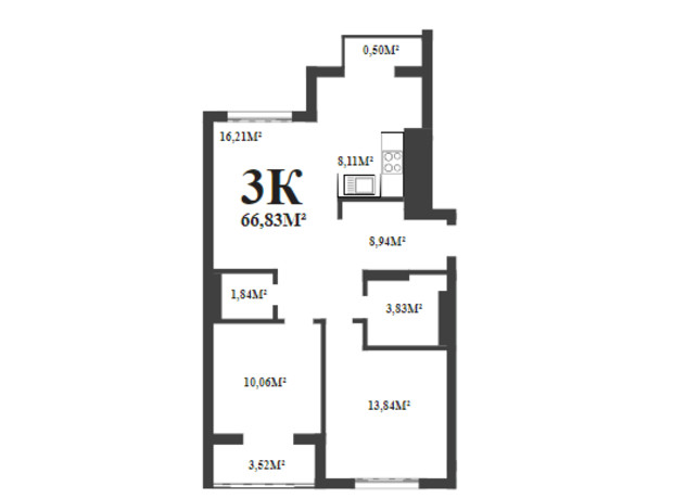 ЖК Парковий маєток: планировка 3-комнатной квартиры 66.83 м²