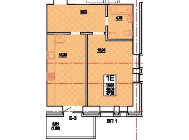 ЖК Гвардійське: планування 1-кімнатної квартири 47.78 м²