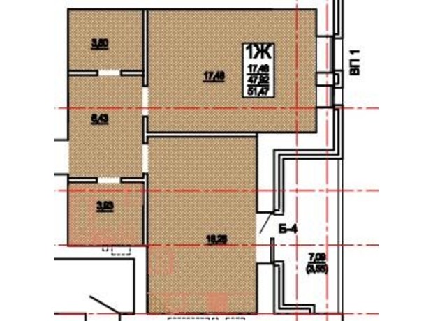 ЖК Гвардійське: планування 1-кімнатної квартири 51.18 м²
