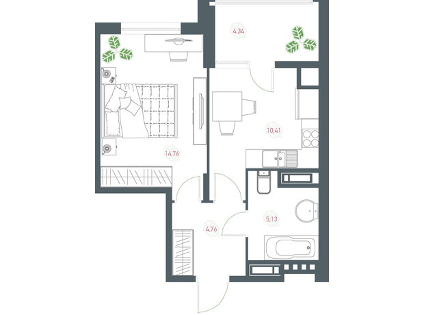 ЖК Озерный гай Гатное: планировка 1-комнатной квартиры 39.4 м²