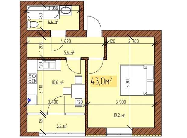 ЖК Джерельний: планування 1-кімнатної квартири 43 м²