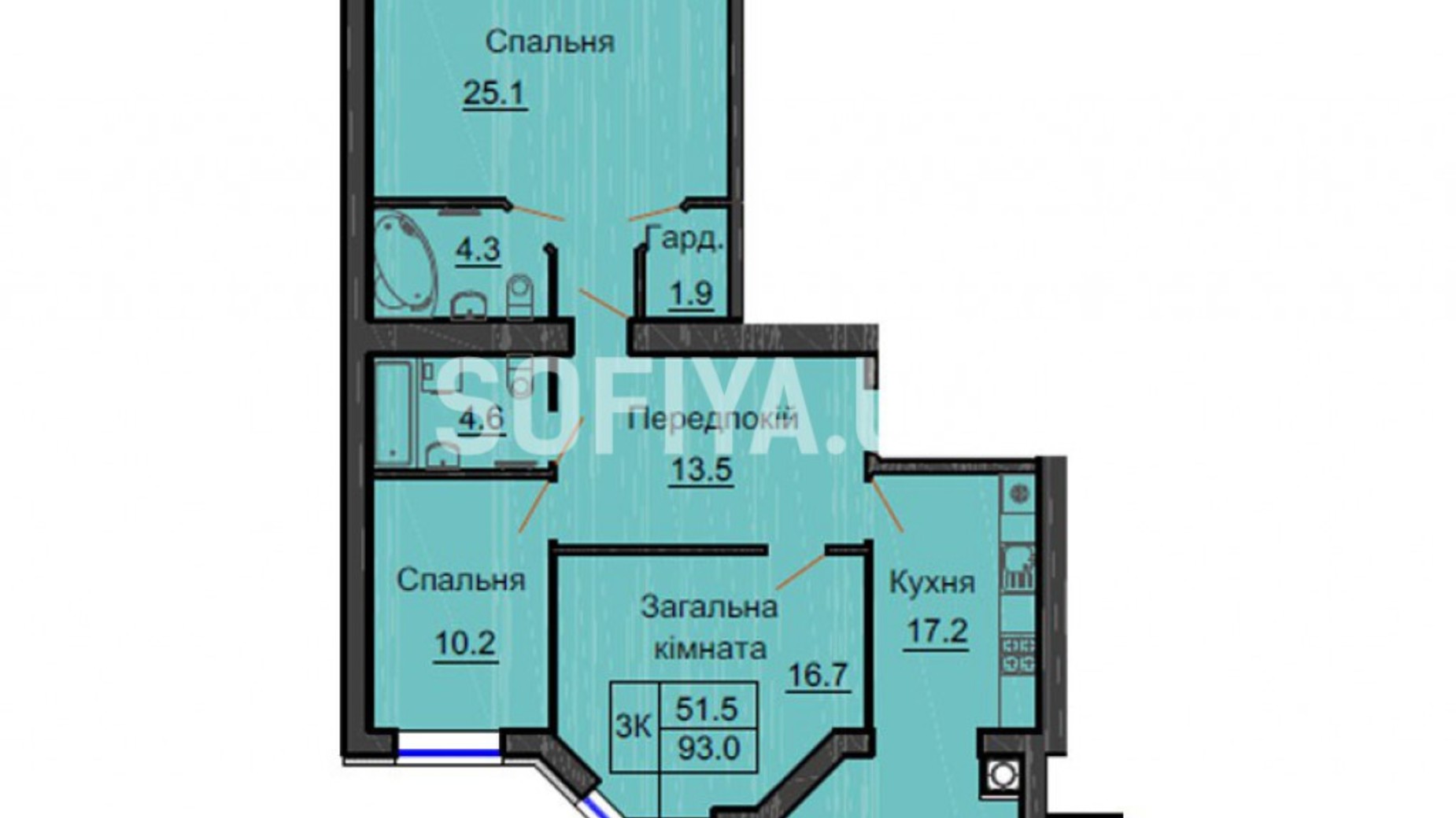 Планування 3-кімнатної квартири в ЖК Sofia Nova 93 м², фото 360091