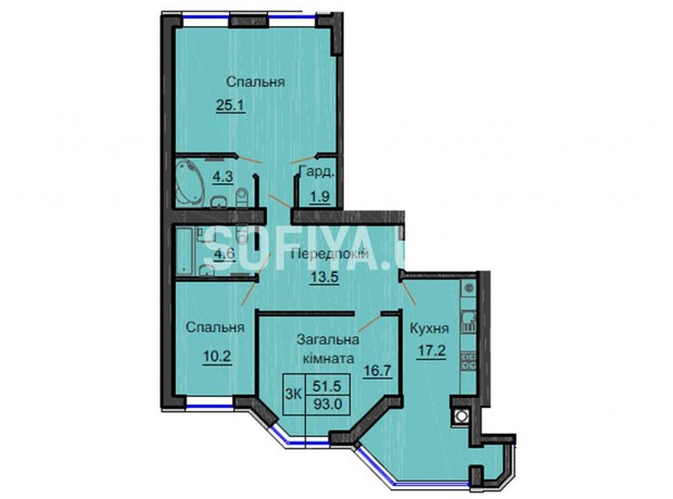 ЖК Sofia Nova: планировка 3-комнатной квартиры 93 м²