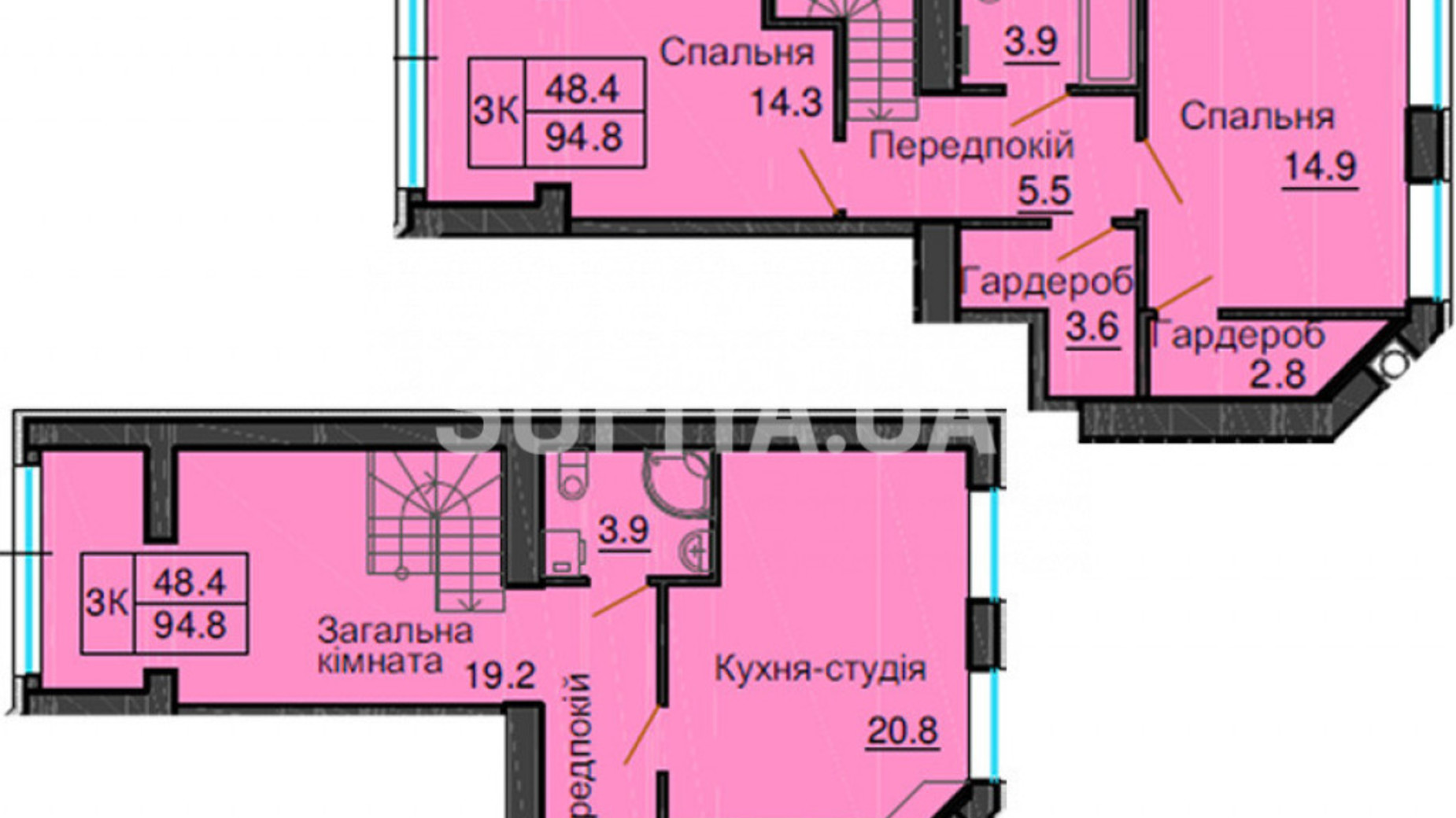 Планировка много­уровневой квартиры в ЖК Sofia Nova 94.8 м², фото 360095
