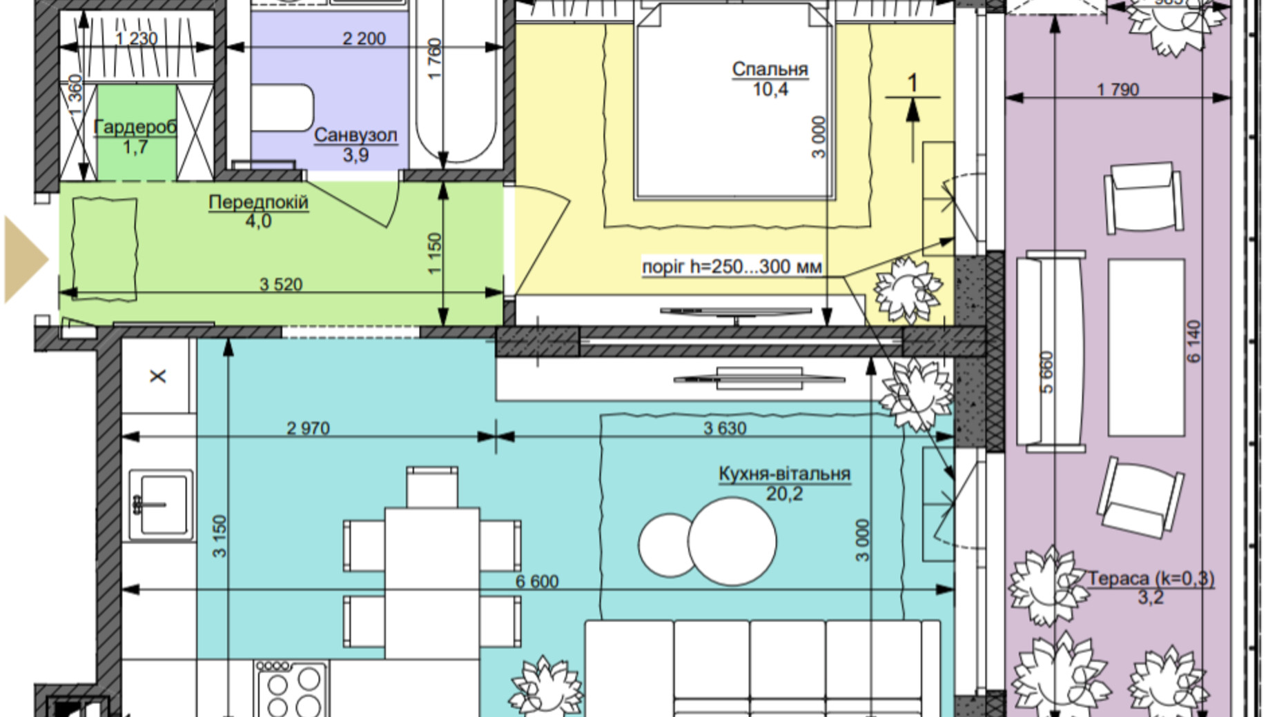 Планування 1-кімнатної квартири в ЖК Файна Таун 43.4 м², фото 360113