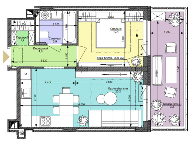 ЖК Файна Таун: планировка 1-комнатной квартиры 43.4 м²