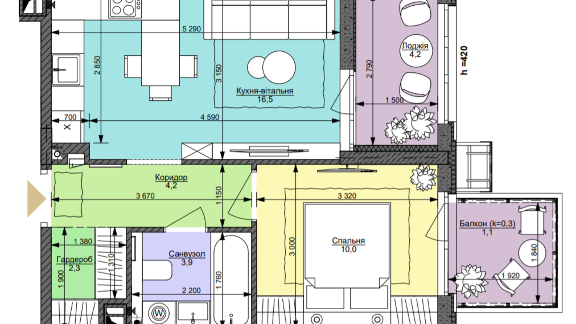 Планування 1-кімнатної квартири в ЖК Файна Таун 44.5 м², фото 360114