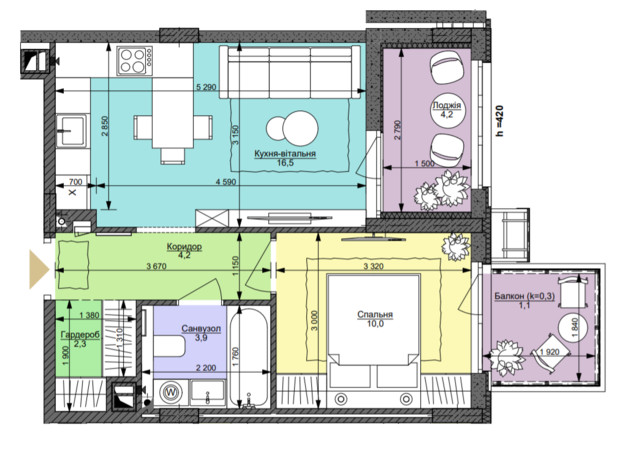 ЖК Файна Таун: планировка 1-комнатной квартиры 44.5 м²