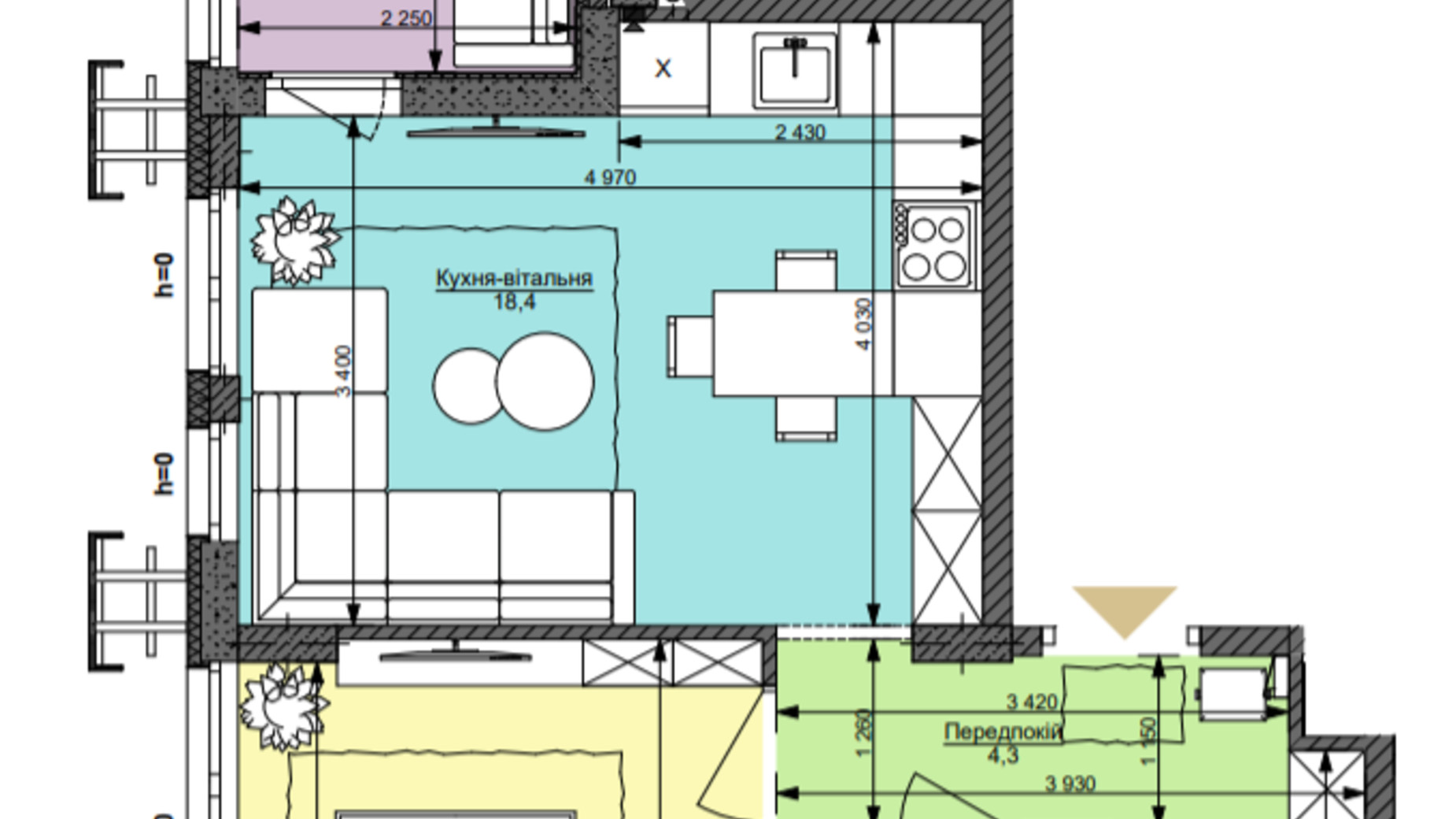 Планування 1-кімнатної квартири в ЖК Файна Таун 45.6 м², фото 360115