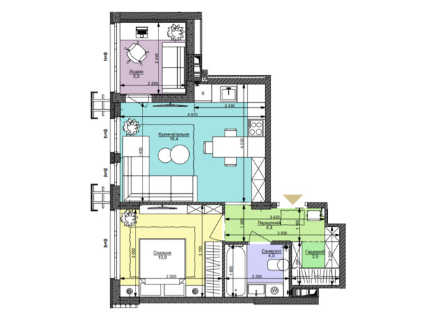 ЖК Файна Таун: планування 1-кімнатної квартири 45.6 м²