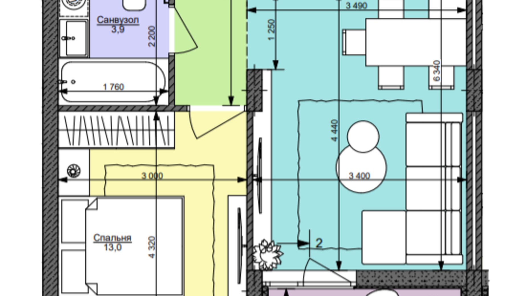 Планировка 1-комнатной квартиры в ЖК Файна Таун 49.2 м², фото 360116