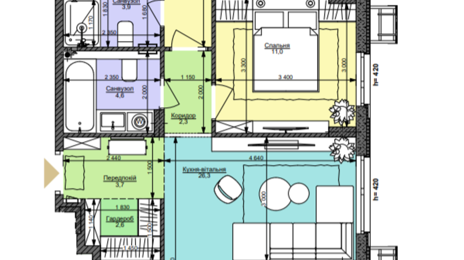 Планировка 2-комнатной квартиры в ЖК Файна Таун 78.2 м², фото 360120