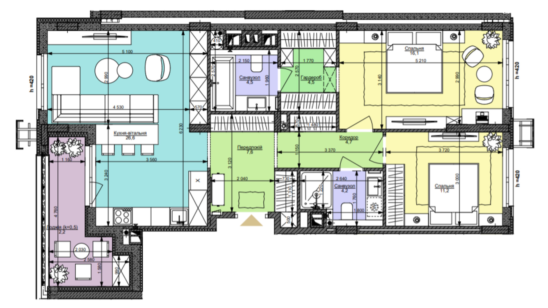 Планировка 2-комнатной квартиры в ЖК Файна Таун 81.6 м², фото 360121