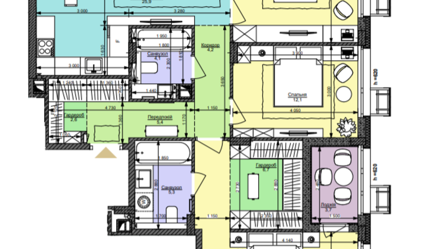 Планування 3-кімнатної квартири в ЖК Файна Таун 106.2 м², фото 360127