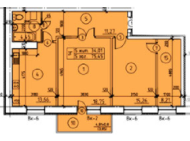 ЖК пр-т М. Лушпи, корпус 22/1: планування 3-кімнатної квартири 75.45 м²