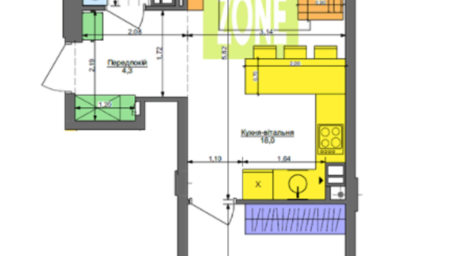 Планування 1-кімнатної квартири в ЖК Respublika 44.3 м², фото 360432