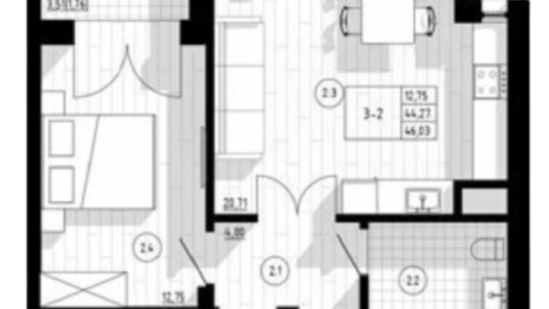 Планировка 1-комнатной квартиры в ЖК Compass Center 46 м², фото 360436