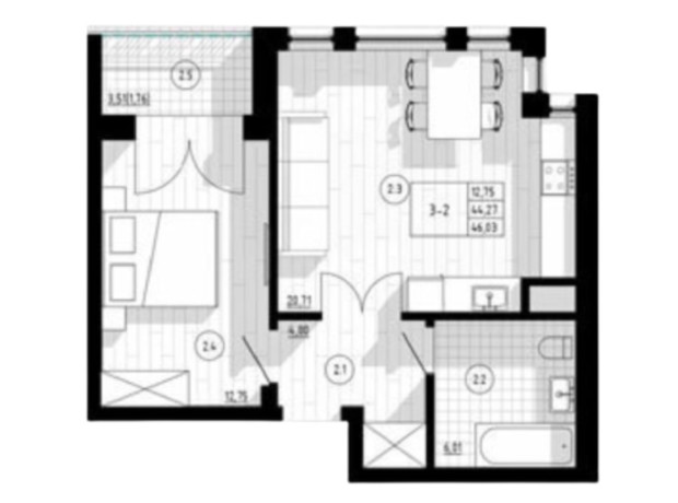 ЖК Compass Center: планировка 1-комнатной квартиры 46 м²