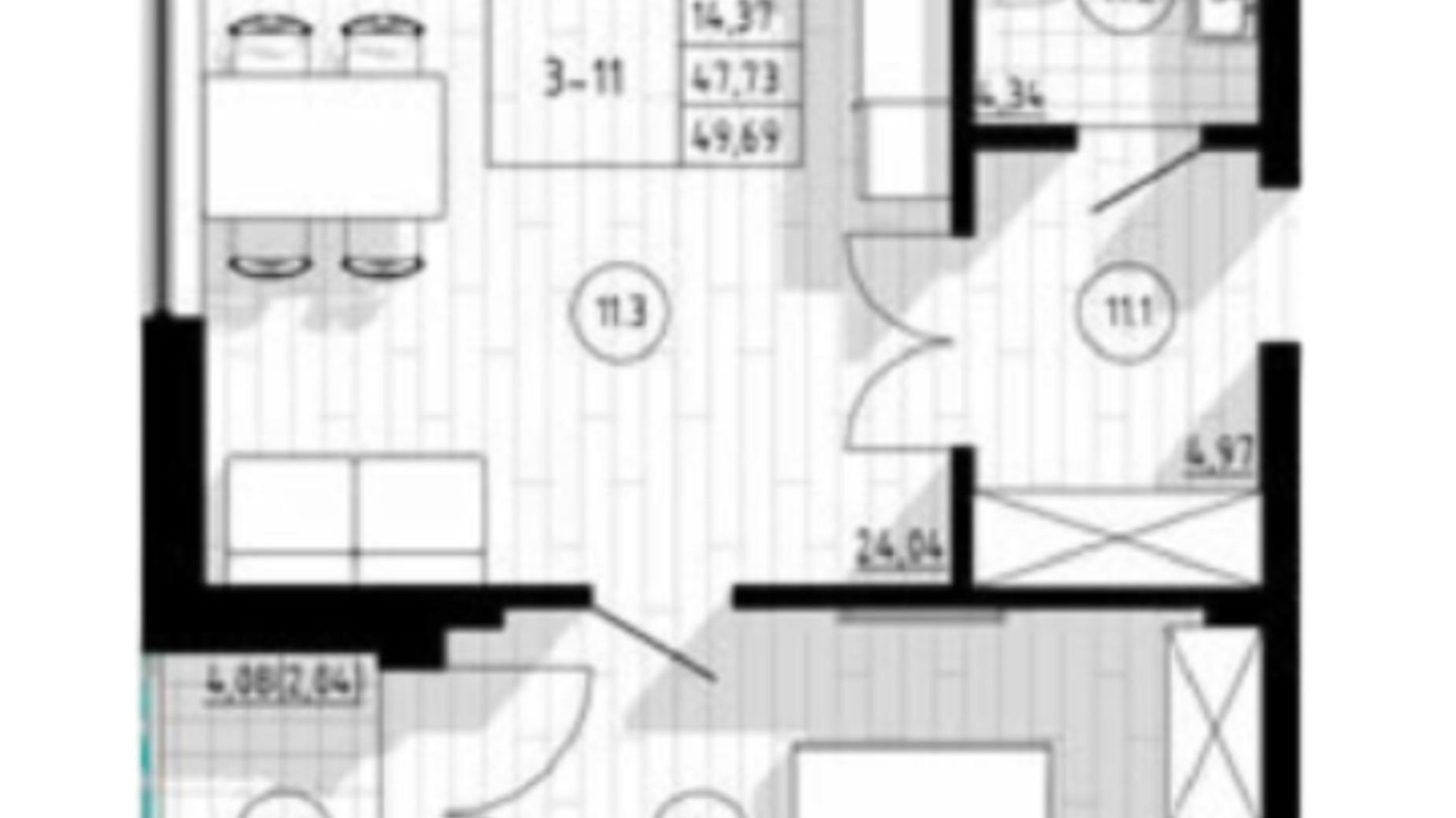 Планування 1-кімнатної квартири в ЖК Compass Center 49 м², фото 360437