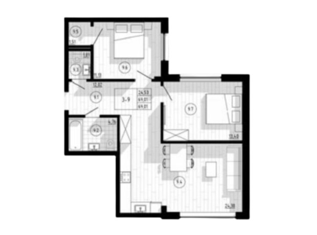 ЖК Compass Center: планировка 2-комнатной квартиры 69 м²