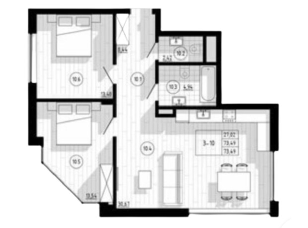 ЖК Compass Center: планировка 2-комнатной квартиры 73 м²