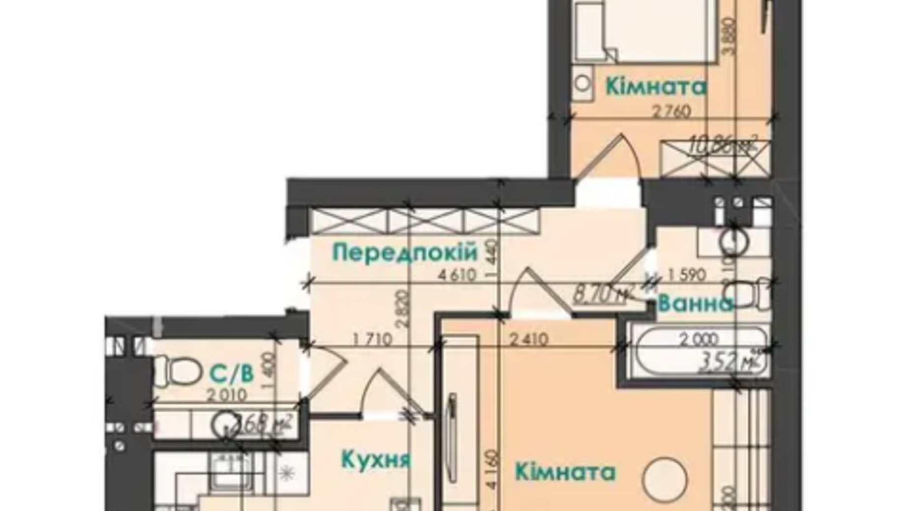 Планування 2-кімнатної квартири в ЖК Like Home 60.9 м², фото 360477