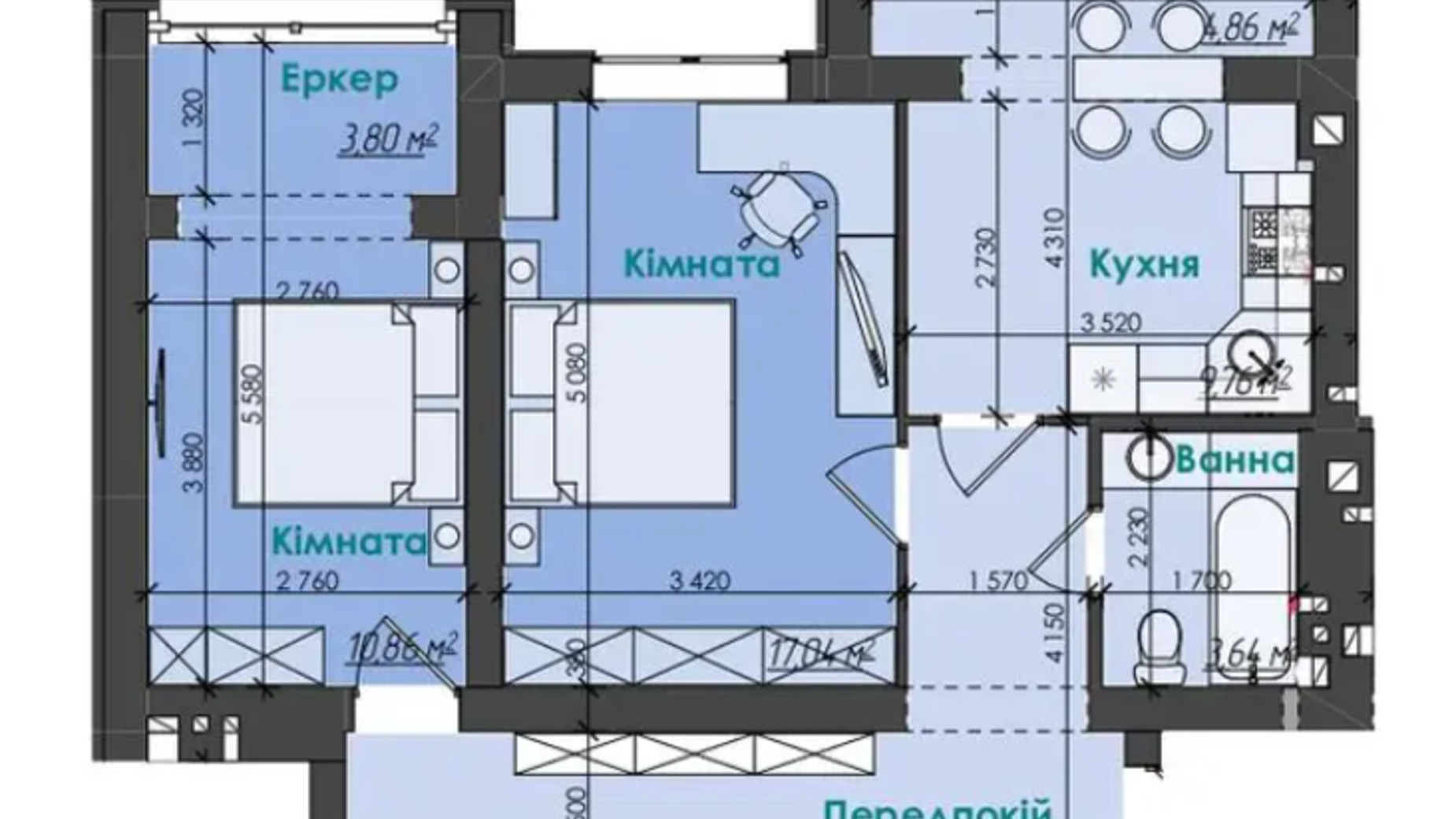 Планування 2-кімнатної квартири в ЖК Like Home 63.8 м², фото 360478