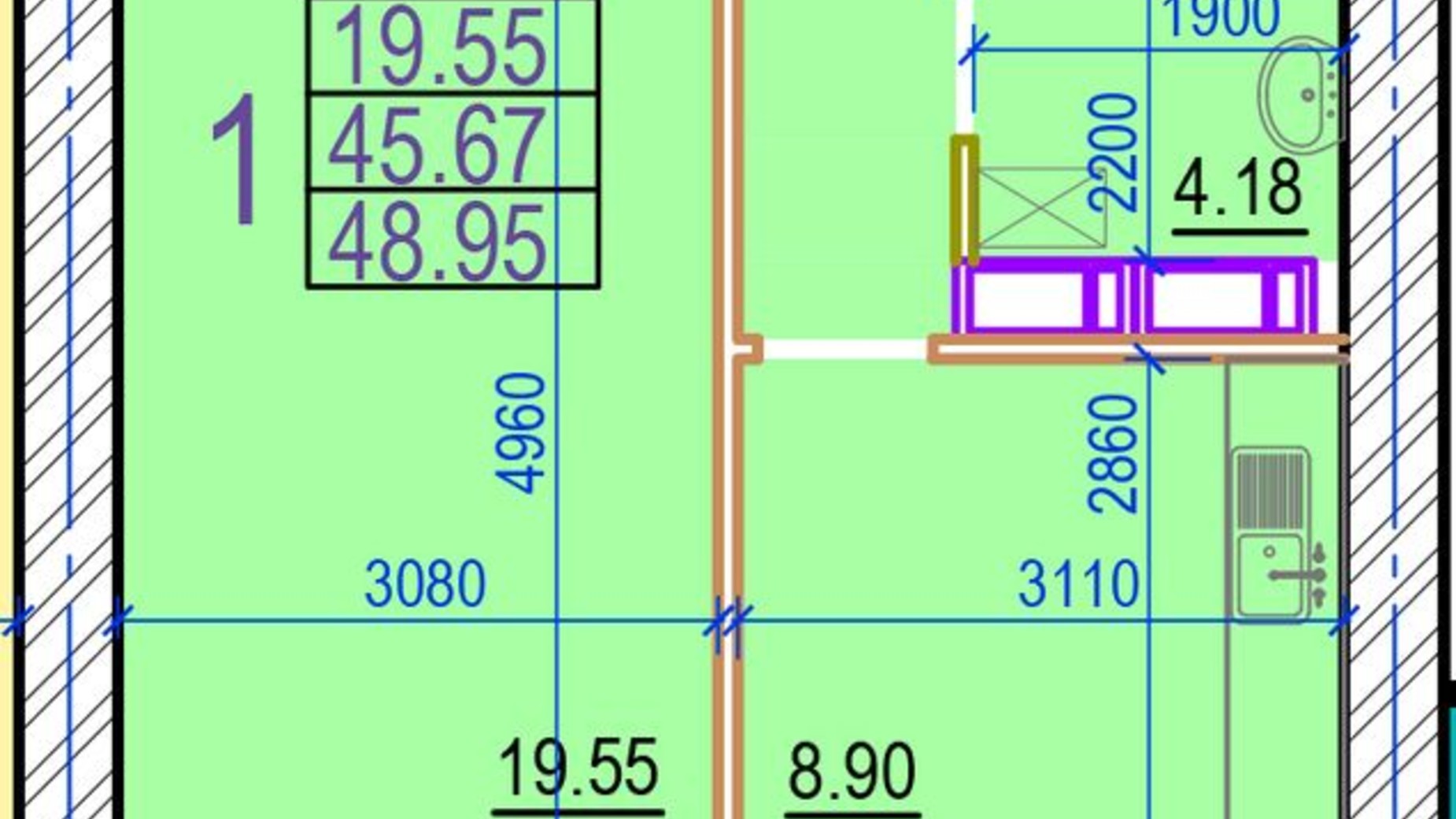 Планировка 1-комнатной квартиры в ЖК Овис 48.95 м², фото 360874