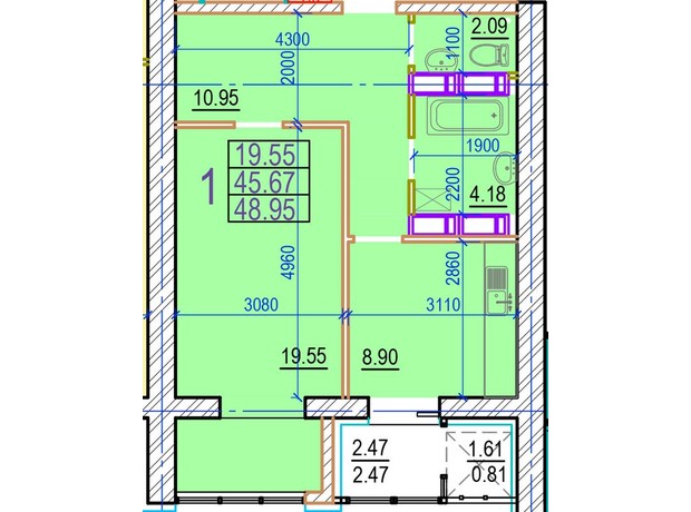 ЖК Овис: планировка 1-комнатной квартиры 48.95 м²