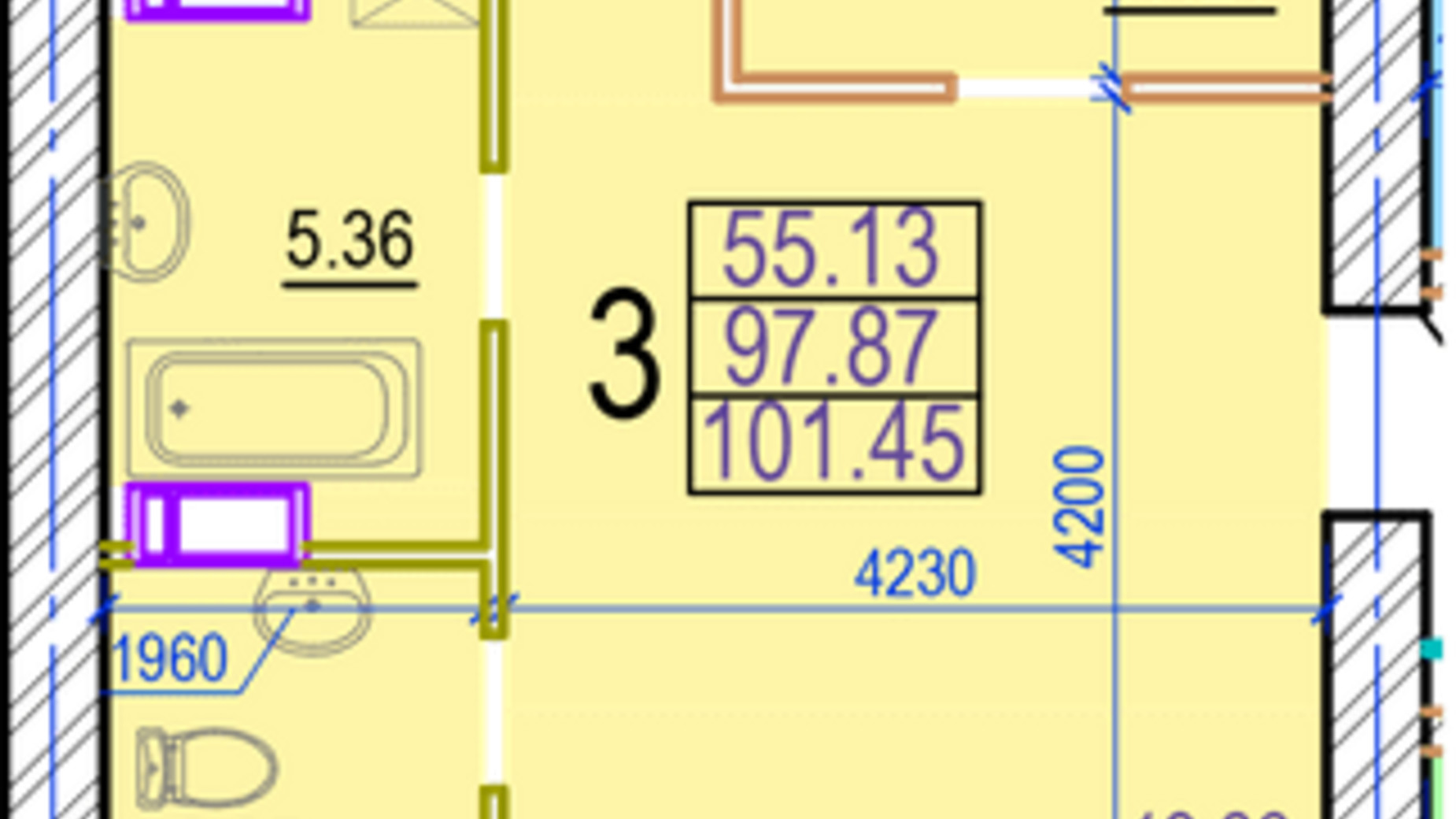 Планировка 3-комнатной квартиры в ЖК Овис 101.45 м², фото 360875