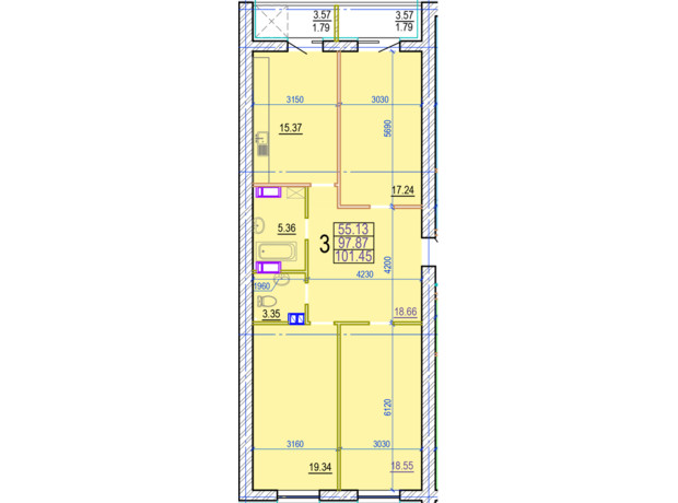 ЖК Овис: планування 3-кімнатної квартири 101.45 м²