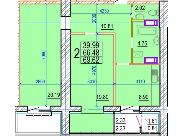 ЖК Овис: планування 2-кімнатної квартири 69.62 м²