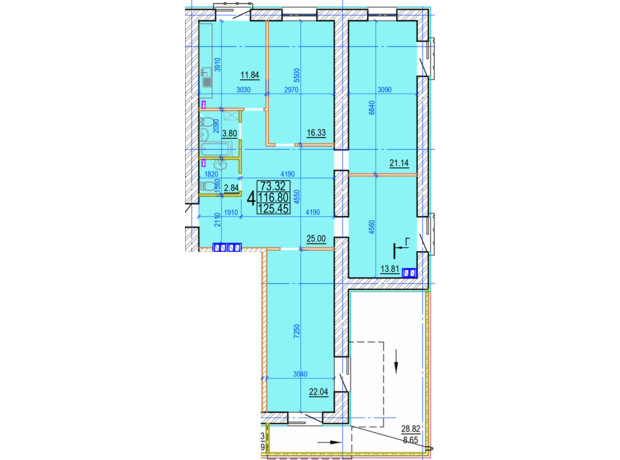 ЖК Овис: планування 4-кімнатної квартири 124.45 м²