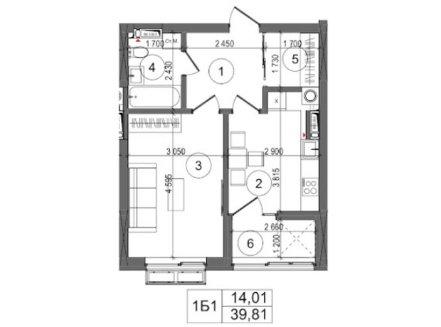ЖК Protsev: планування 1-кімнатної квартири 39.81 м²