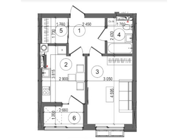 ЖК Protsev: планування 1-кімнатної квартири 40.01 м²