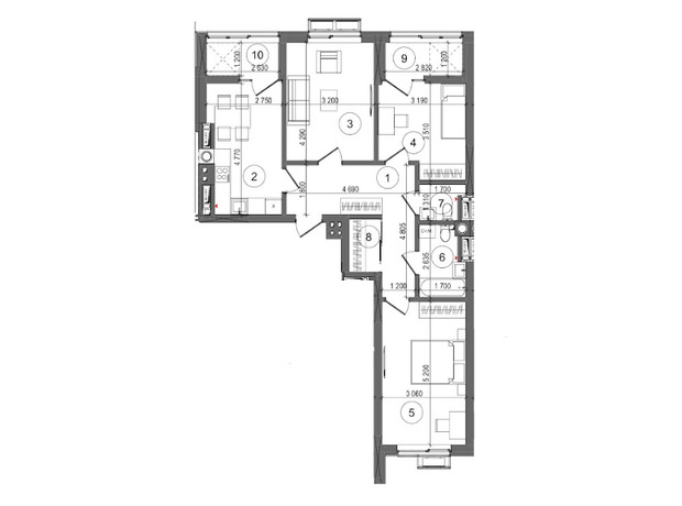 ЖК Protsev: планировка 3-комнатной квартиры 79.14 м²