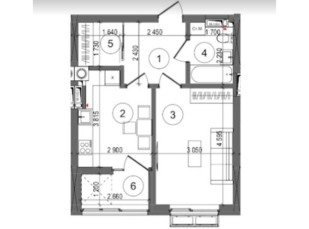 ЖК Protsev: планировка 1-комнатной квартиры 39.89 м²