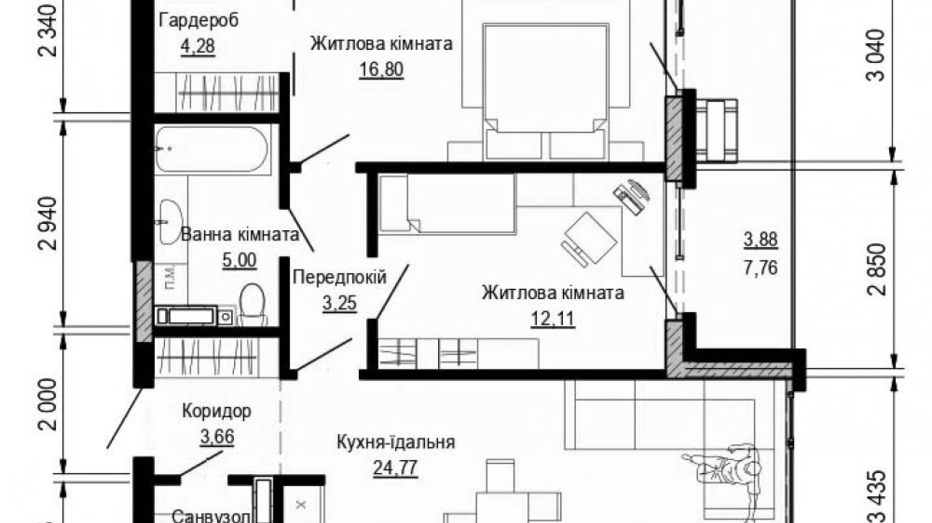Планировка 2-комнатной квартиры в ЖК Pusha house 76.33 м², фото 360968
