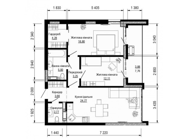 ЖК Pusha house: планування 2-кімнатної квартири 76.33 м²