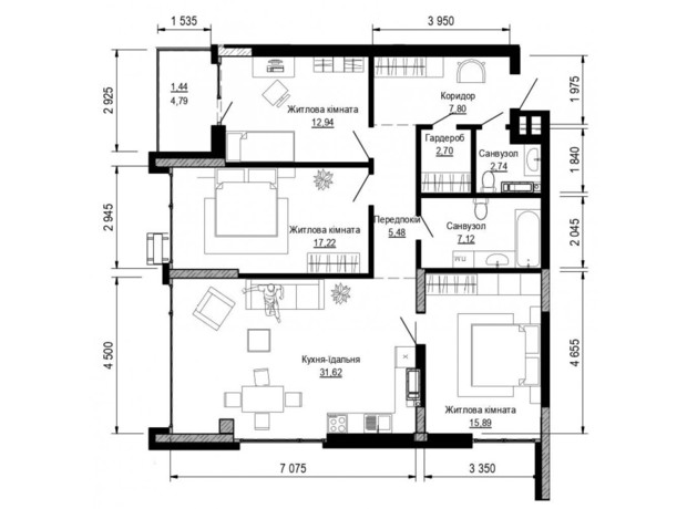 ЖК Pusha house: планування 3-кімнатної квартири 104.95 м²