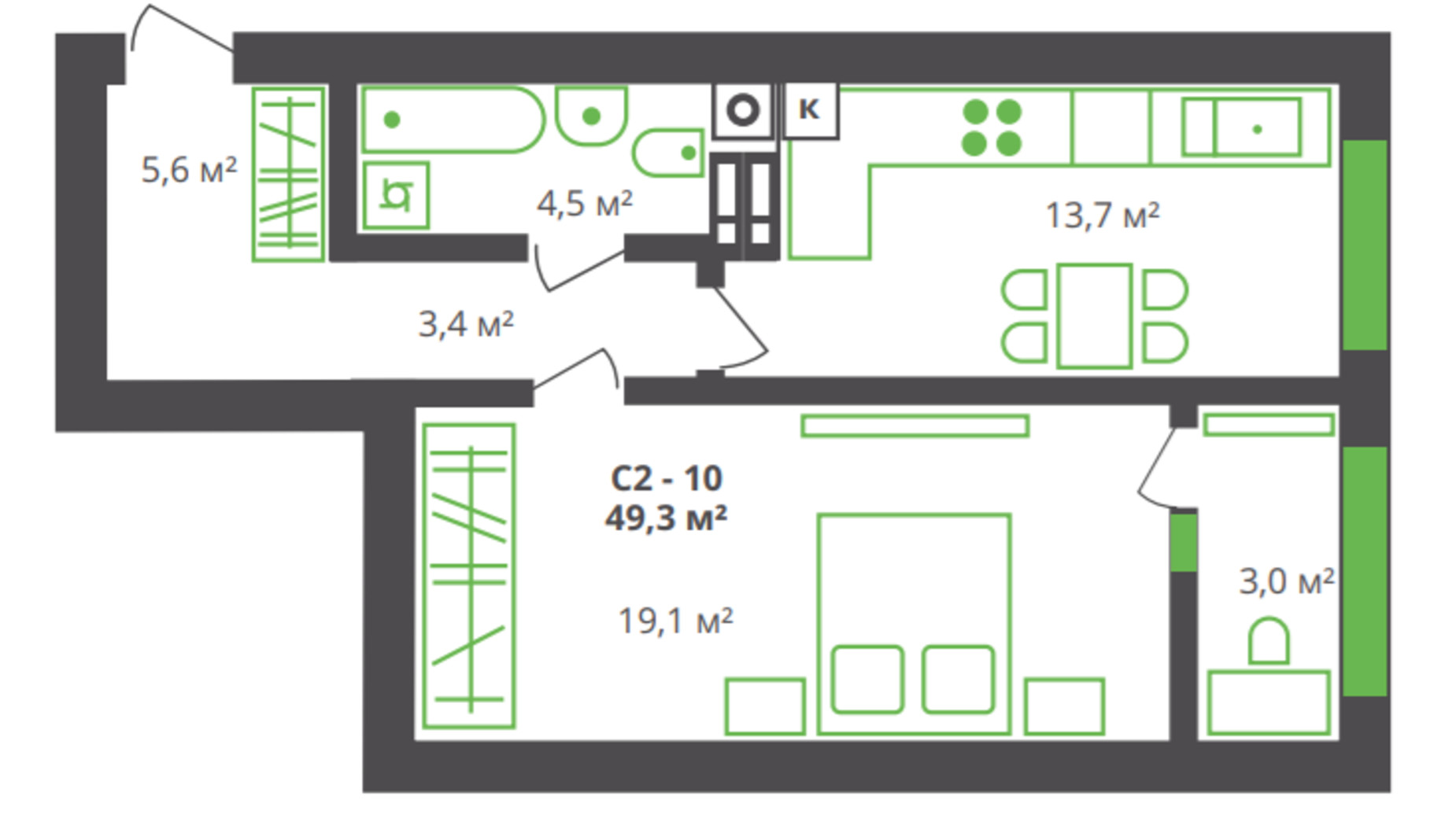 Планування 1-кімнатної квартири в ЖК вул. Франка, 21 49.3 м², фото 361243