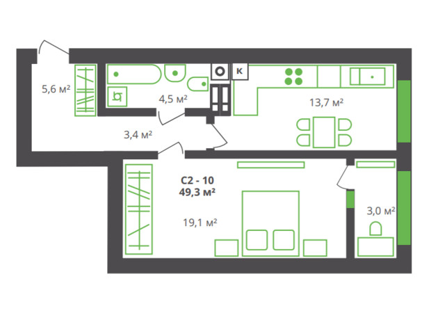 ЖК ул. Франко, 21: планировка 1-комнатной квартиры 49.3 м²