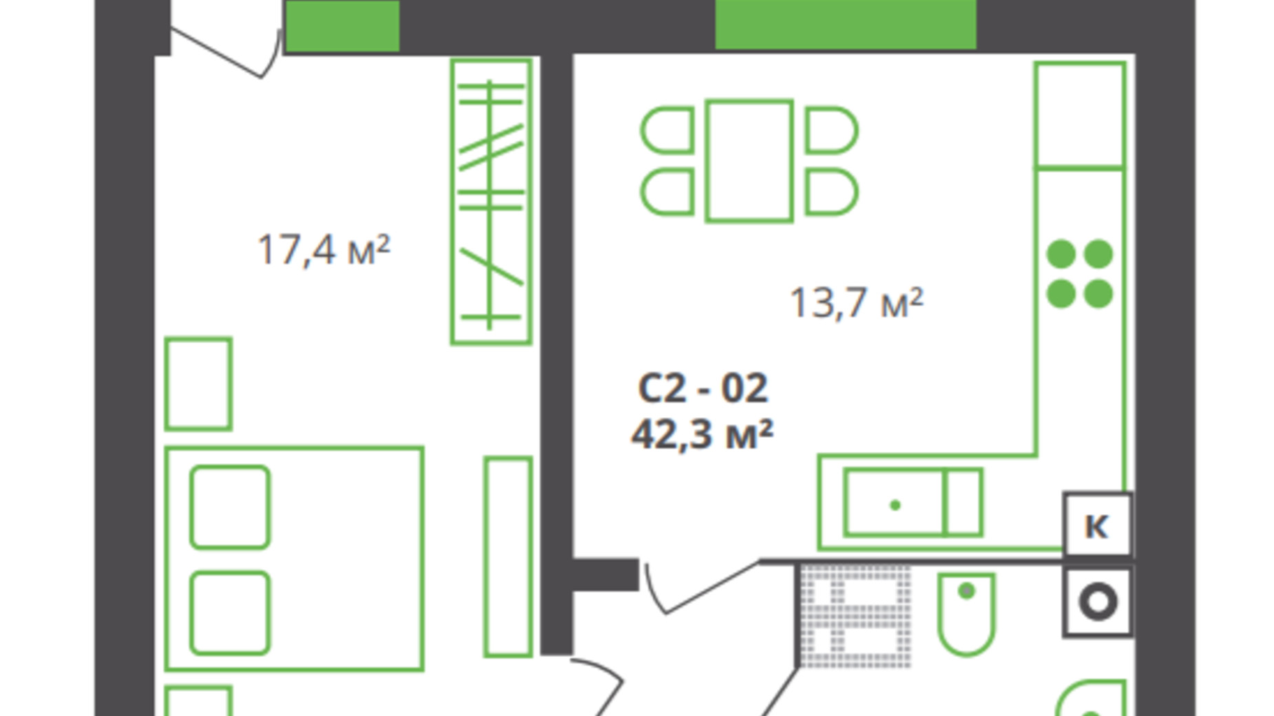 Планировка 1-комнатной квартиры в ЖК ул. Франко, 21 42.3 м², фото 361244