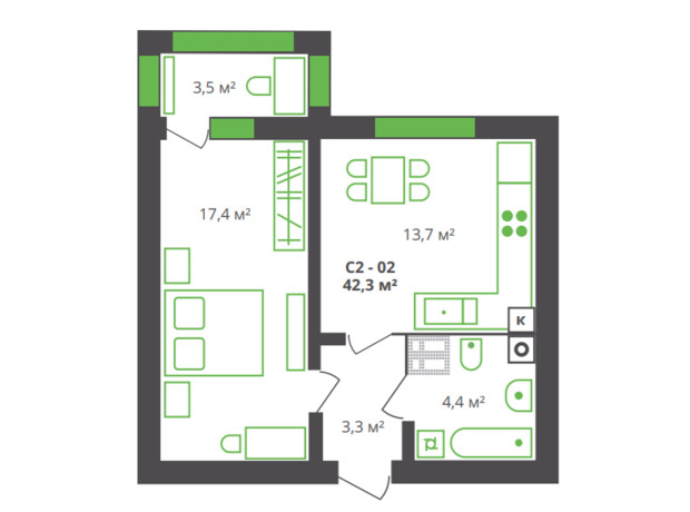 ЖК ул. Франко, 21: планировка 1-комнатной квартиры 42.3 м²