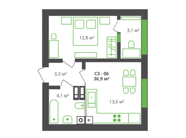 ЖК ул. Франко, 21: планировка 1-комнатной квартиры 36.9 м²