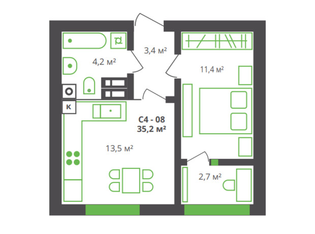 ЖК ул. Франко, 21: планировка 1-комнатной квартиры 35.2 м²