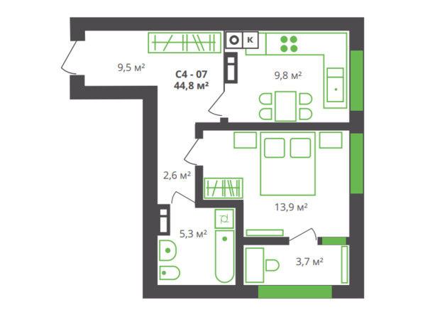 ЖК ул. Франко, 21: планировка 1-комнатной квартиры 44.8 м²