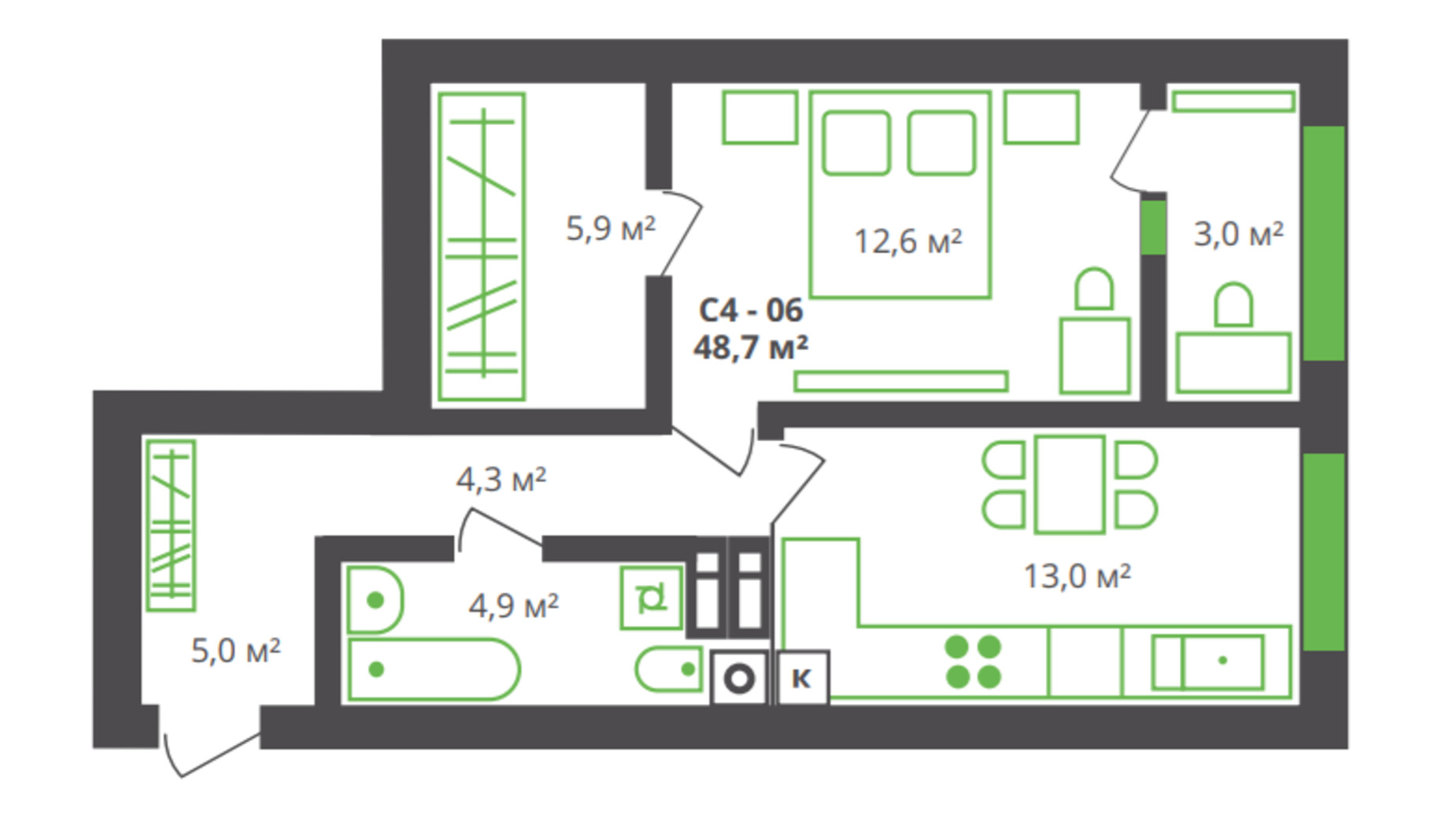 Планування 1-кімнатної квартири в ЖК вул. Франка, 21 48.7 м², фото 361249