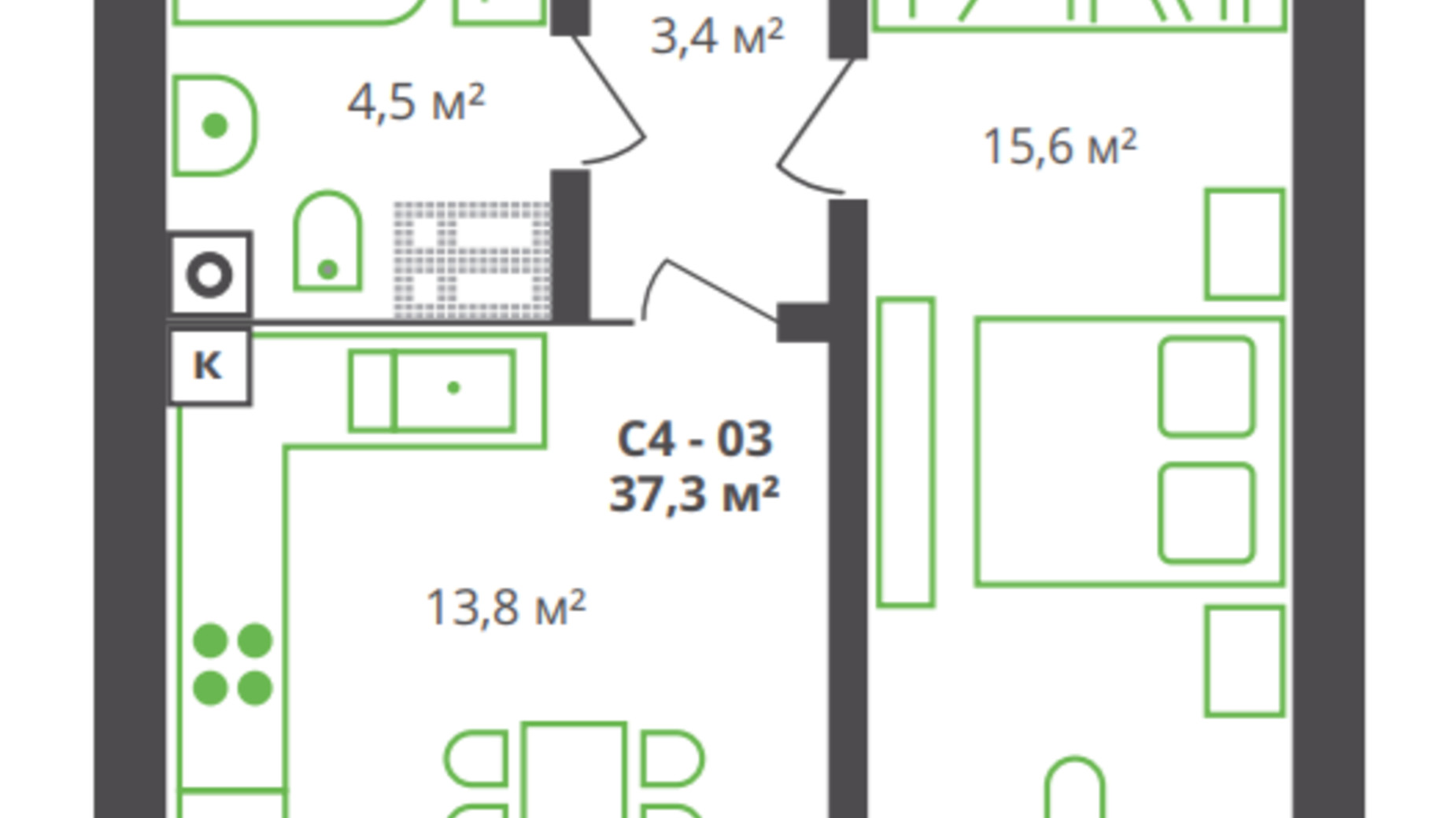 Планировка 1-комнатной квартиры в ЖК ул. Франко, 21 37.3 м², фото 361250