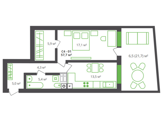 ЖК ул. Франко, 21: планировка 1-комнатной квартиры 57.7 м²